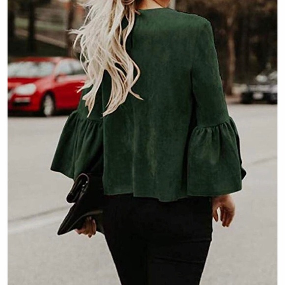 Green Faux Suede Bell Sleeve Blouse - Picture 2 of 4